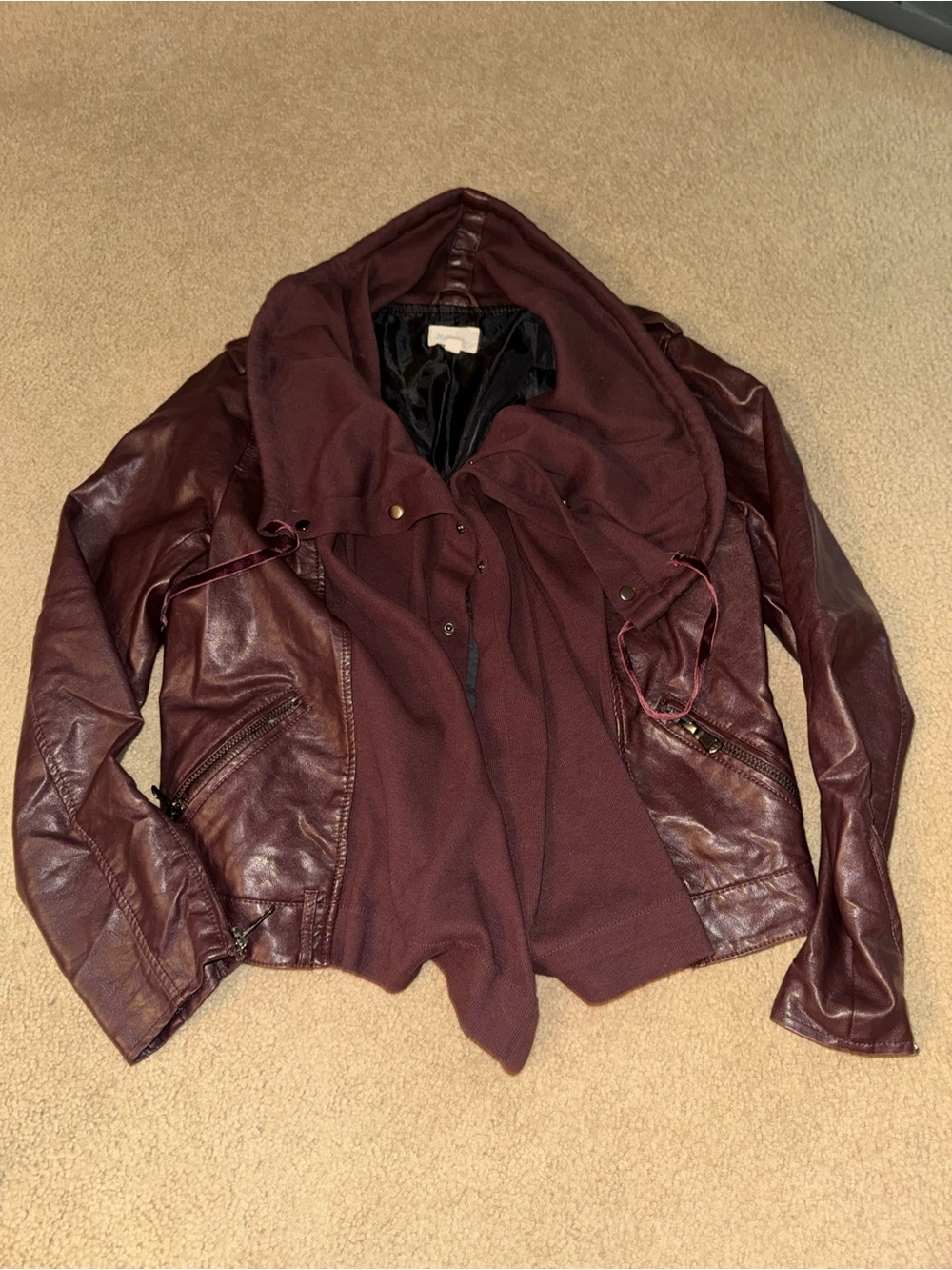 Jolt Burgundy Leather Jacket with Knit Hood